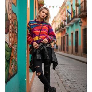 Kenji Hand Knit Sweater Vintage 80s Coogi Style Colorful Medium EUC